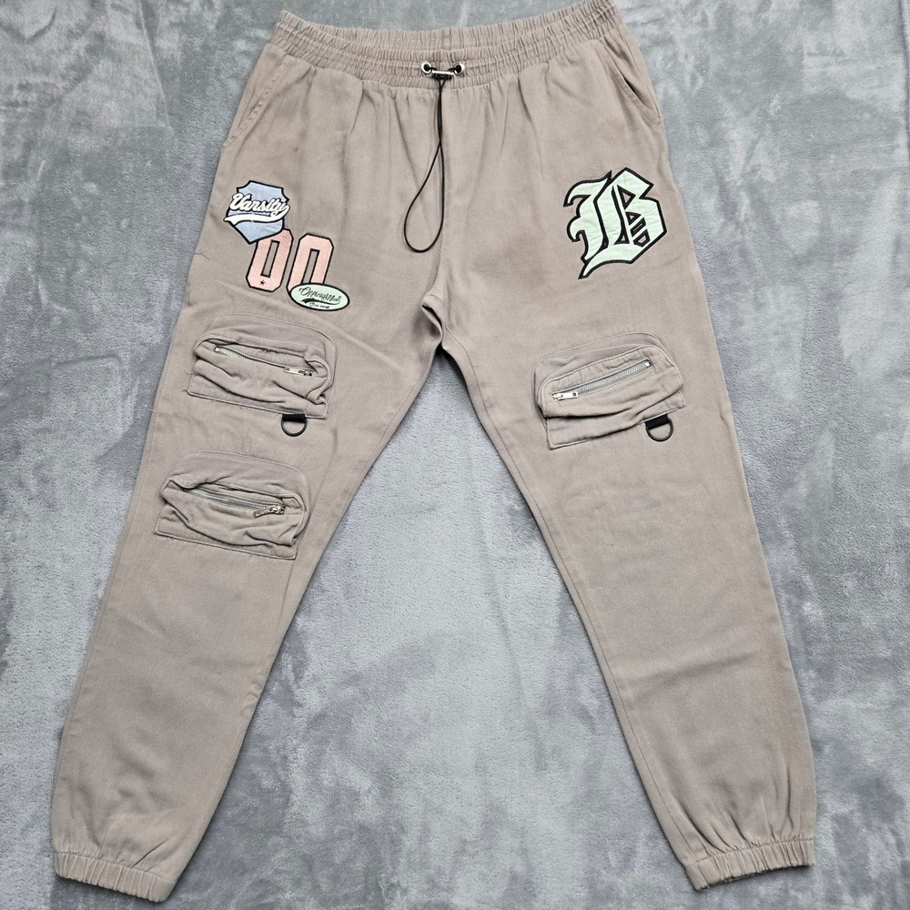BoohooMAN Mens Size 2XL 36W Khaki Varsity Patch Cargo Jogger Pants Streetwear